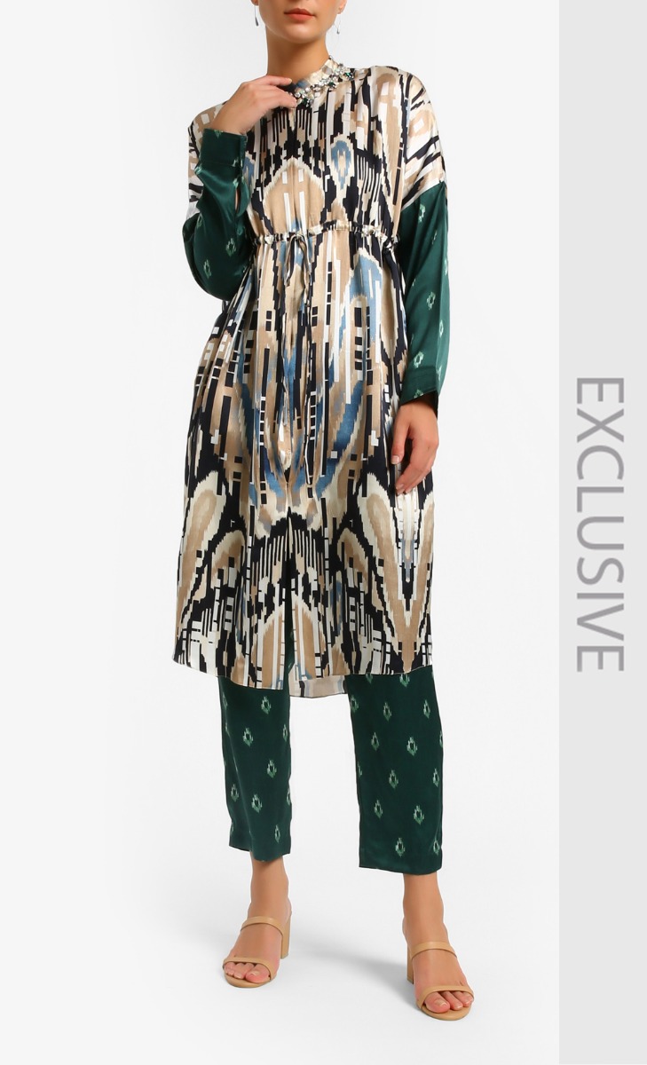  Print Ikat Uzbek Tunic Blouse In Black Blue