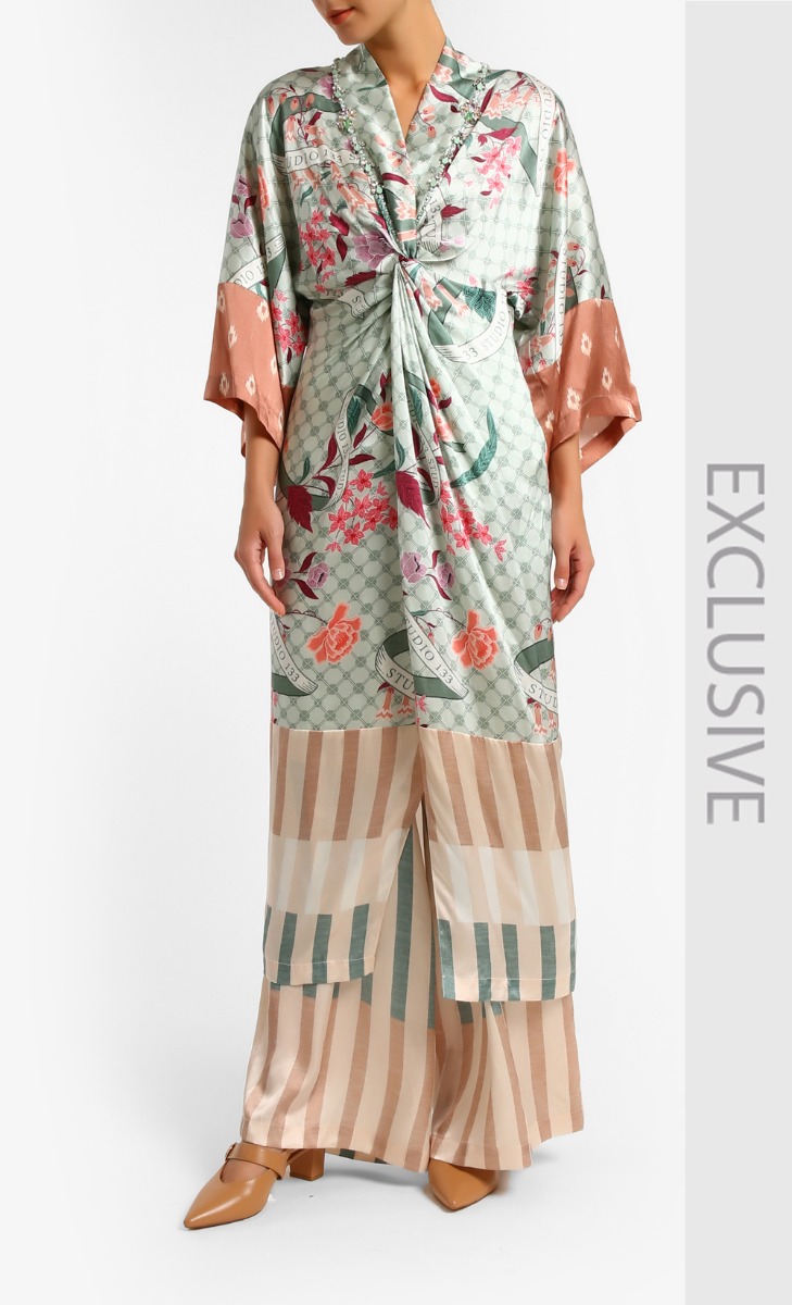 Satin Print Bouquet Ribbon Jelabah Twist In Celadon