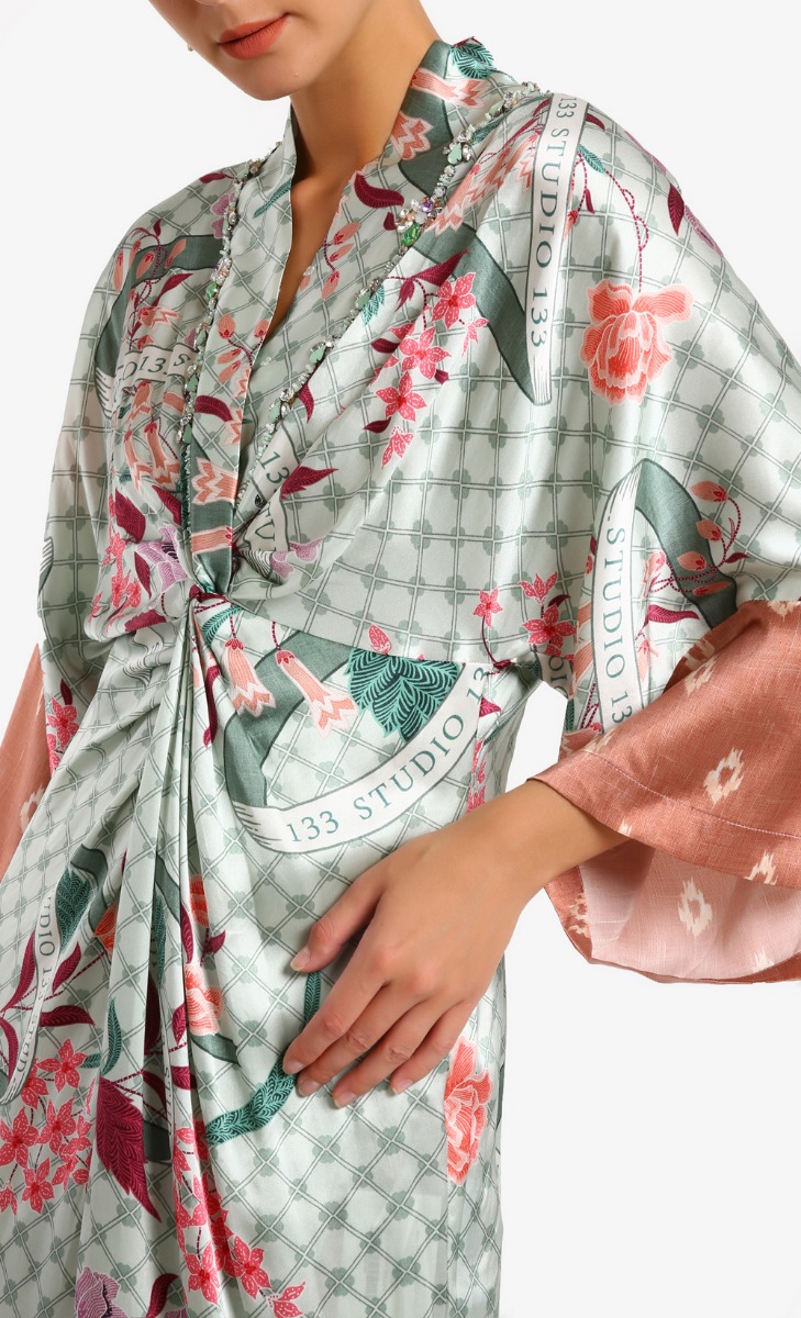 Satin Print Bouquet Ribbon Jelabah Twist In Celadon image 2