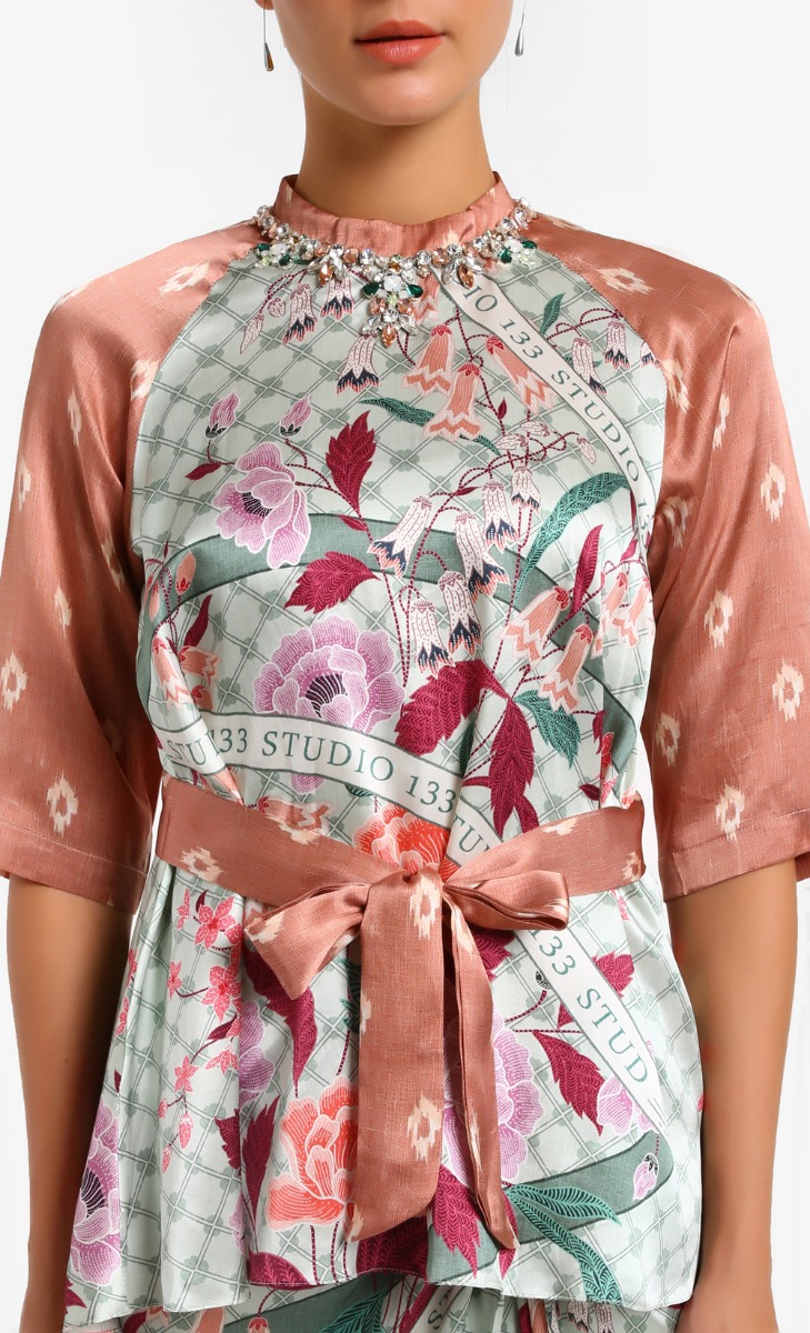  Print Bouquet Ribbon Satin Skirt In Celadon image 2