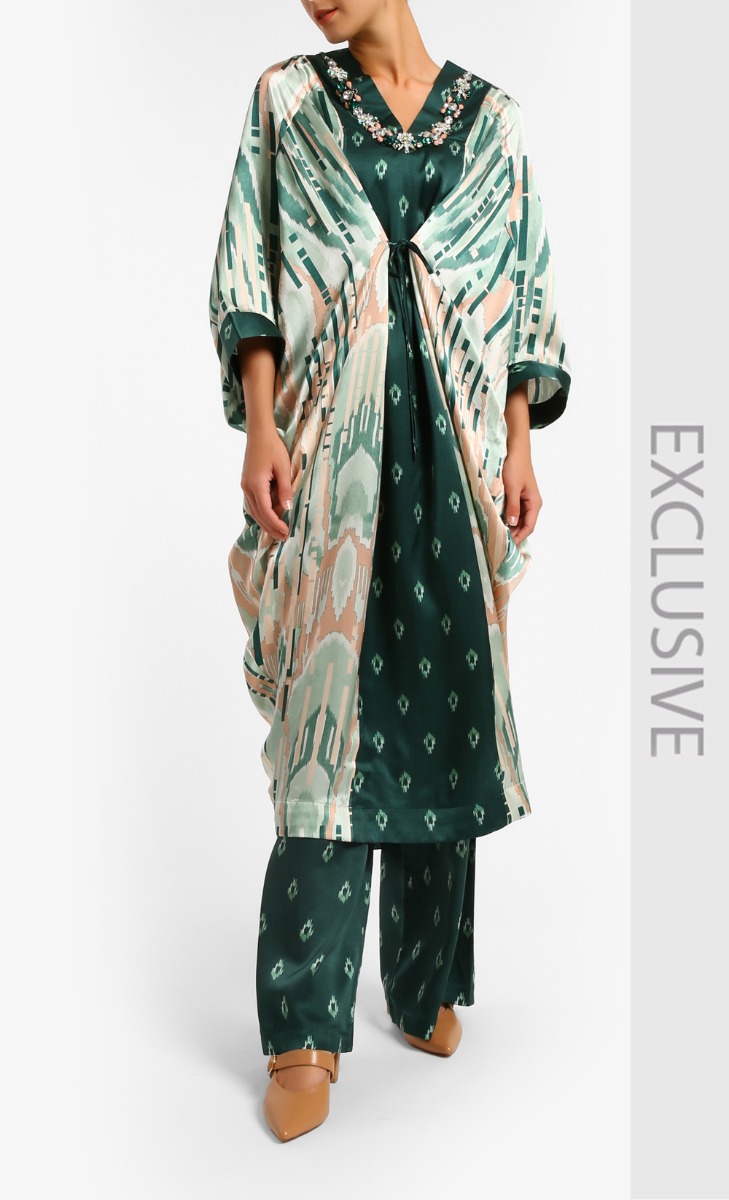  Print Ikat Uzbek Jelabah Satin In Pink Celadon