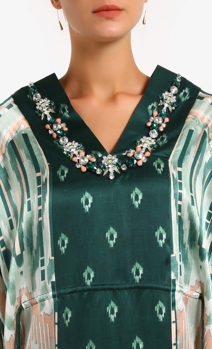  Print Ikat Uzbek Jelabah Satin In Pink Celadon image 2