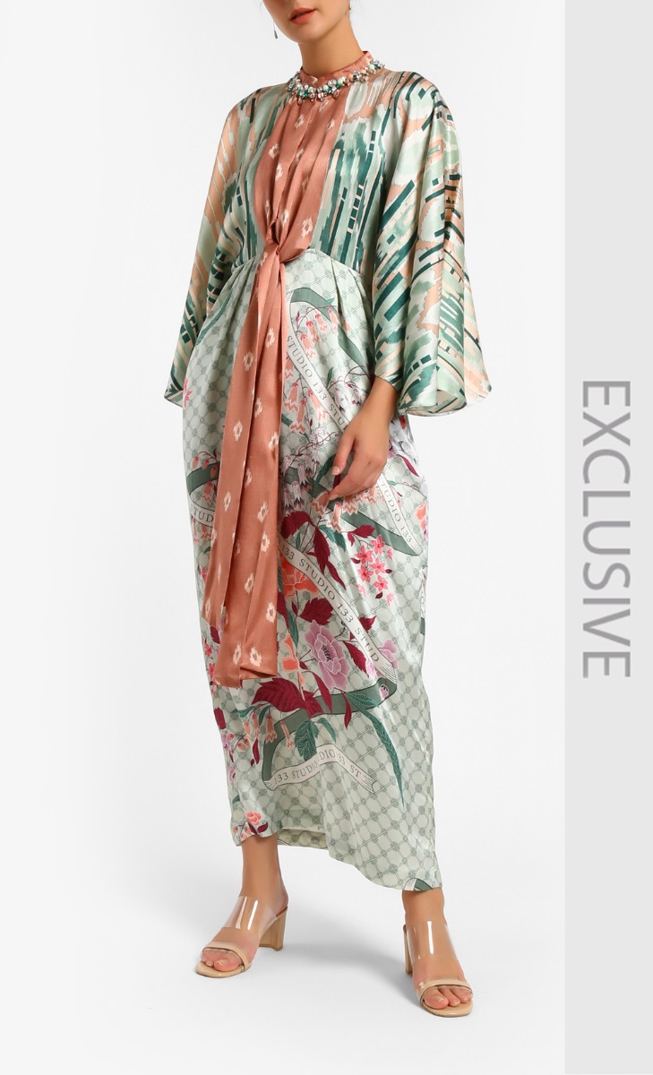  Satin Print Patchwork Jelabah In Pink Celadon
