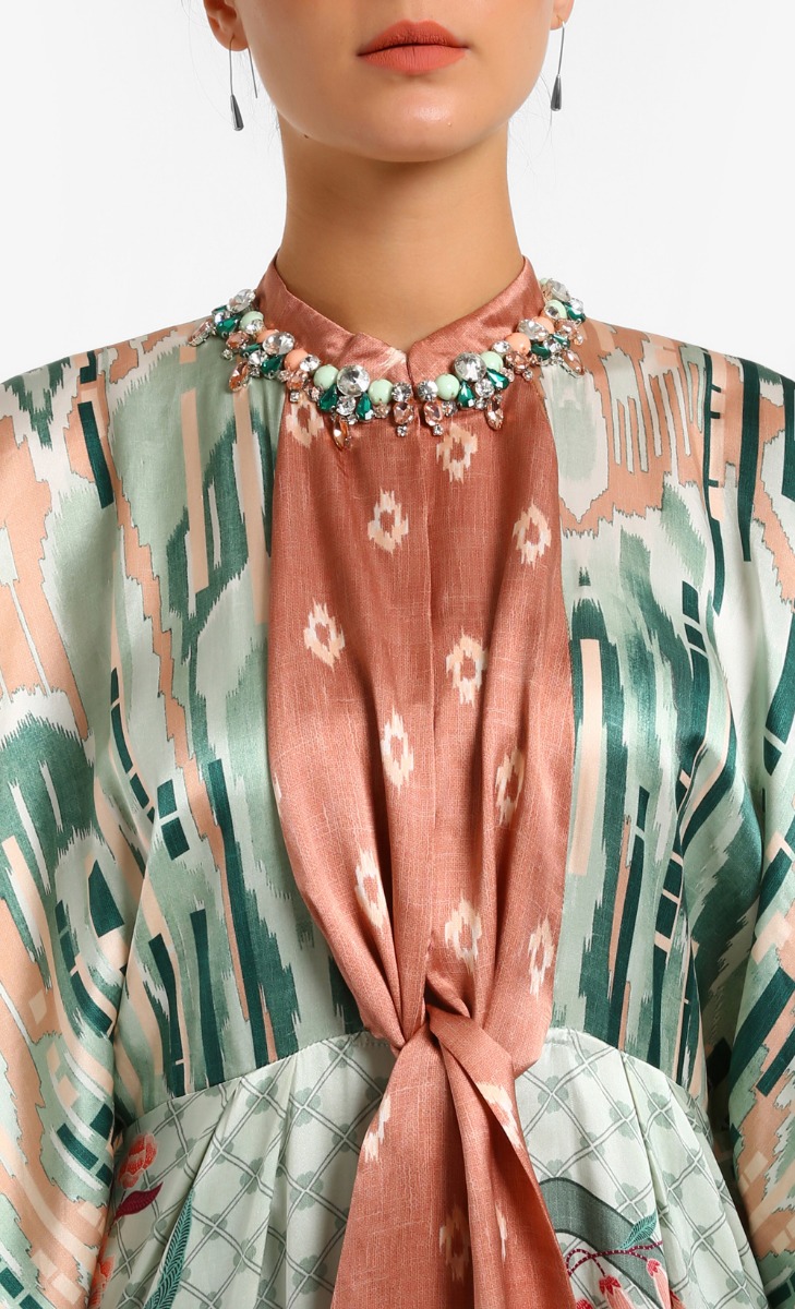  Satin Print Patchwork Jelabah In Pink Celadon image 2