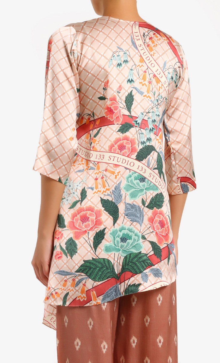 Satin Print Bouquet Ribbon Kimono Blouse In Pink image 2
