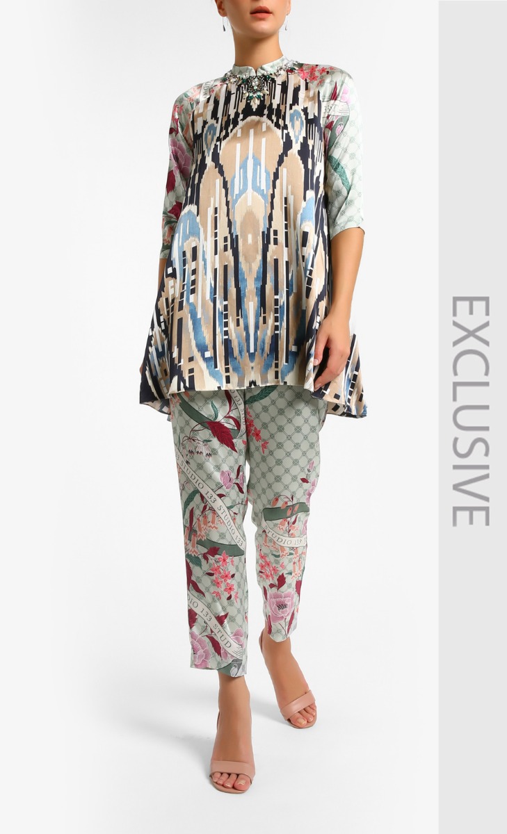  Stripes Satin Pants In Pink Celadon