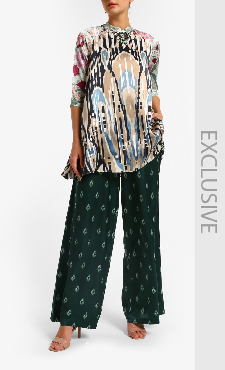  Satin Print Ikat Uzbek Blouse In Black Blue