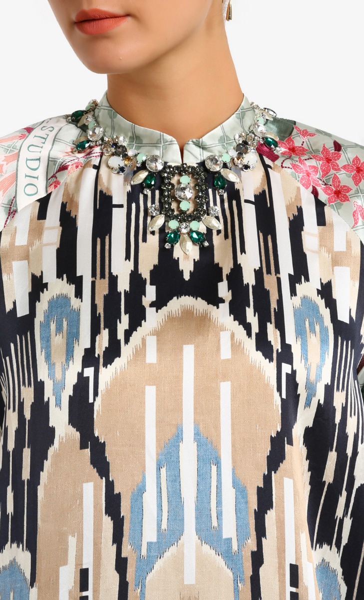  Satin Print Ikat Uzbek Blouse In Black Blue image 2