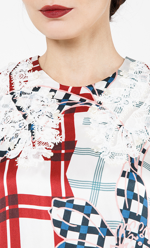 Satin Print and Lace Dress in Red image 2