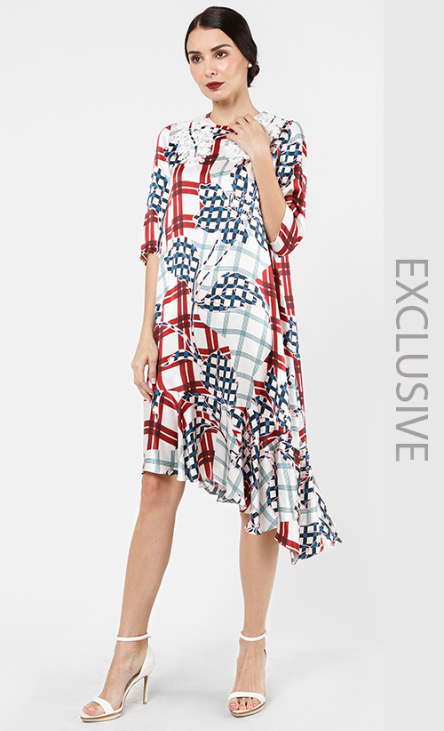 Satin Print and Lace Dress in Red