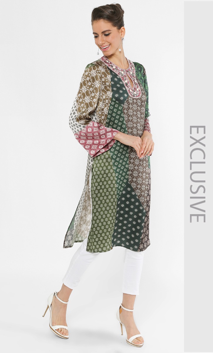 Satin Tunic Trapeze Print Malibu in Green