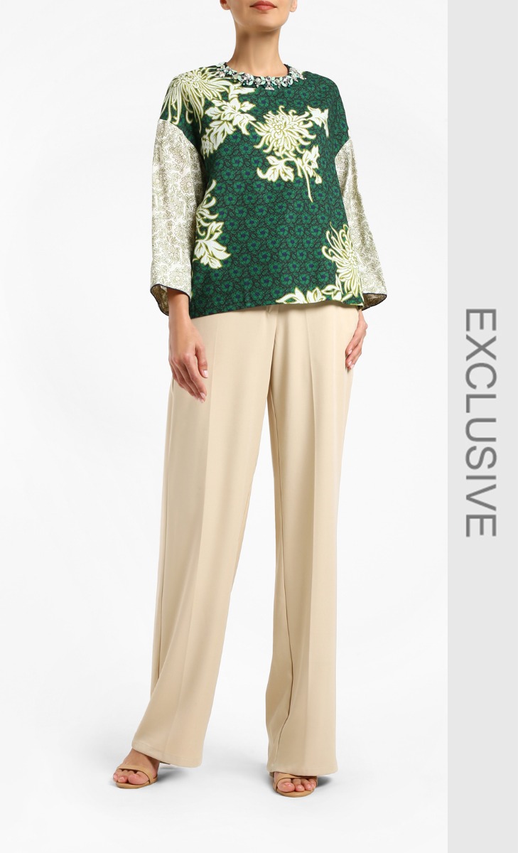 Blouse Tenun Print with Embellishment in Green