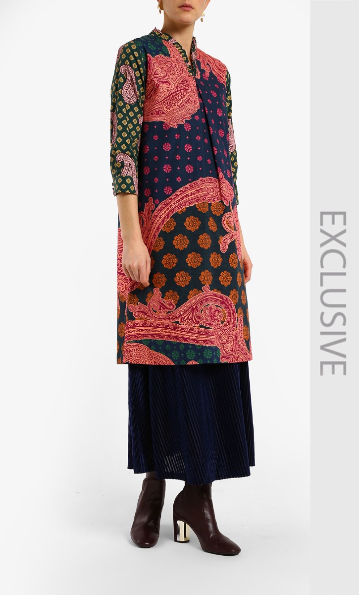 V-Neck Dress Cotton Print in Green Flower