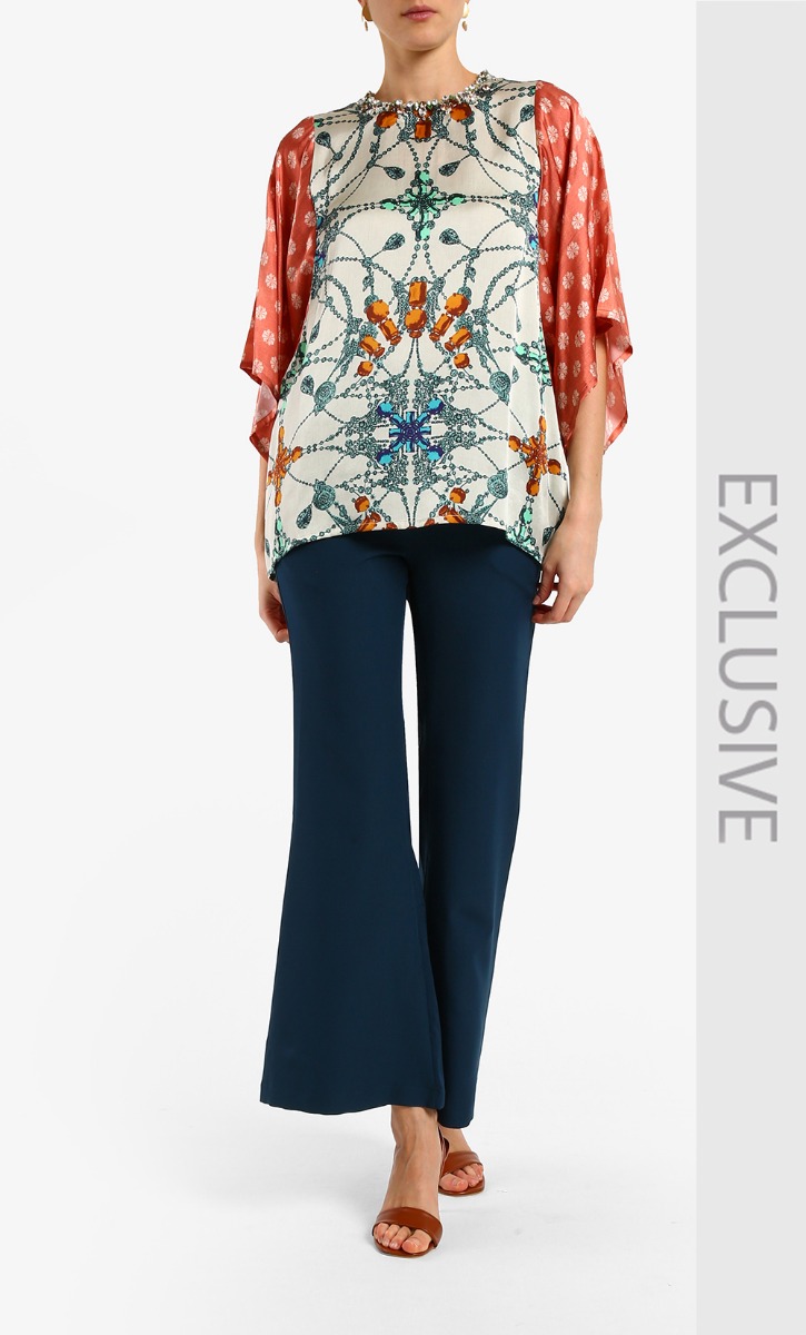 Flared Sleeves Satin Print Blouse in Ecru