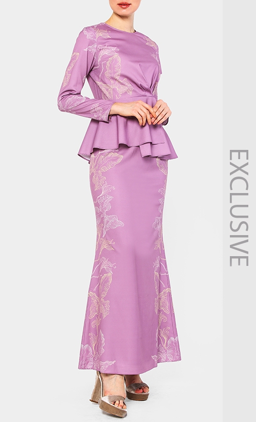 Front Pleat Peplum Blouse and Mermaid Skirt Set in Purple | FashionValet