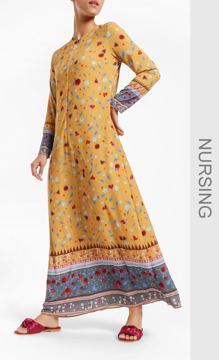 Zanna Zip-Front Maxi Dress in Mustard Print