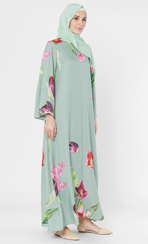 Kahula Exclusive Print Jubah Dress in Dusty Mint Floral | FashionValet