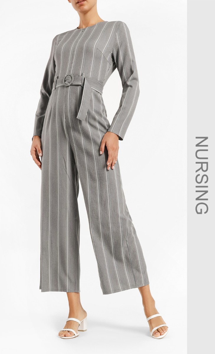 Adaira Zip-Front Jumpsuit in Grey Stripes