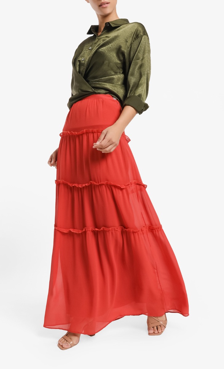 Haneen Ruffle Tier Skirt in Brick