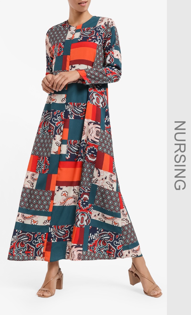 Warisha Zip-Front Dress in Patchwork Print