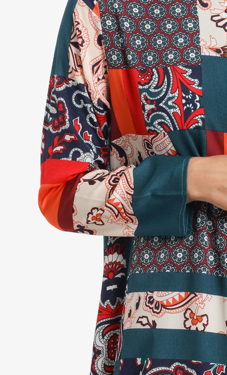 Warisha Zip-Front Dress in Patchwork Print image 2