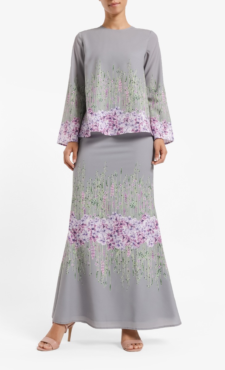 Haniyah Mermaid Maxi Skirt in Blue Fog and Purple Floral