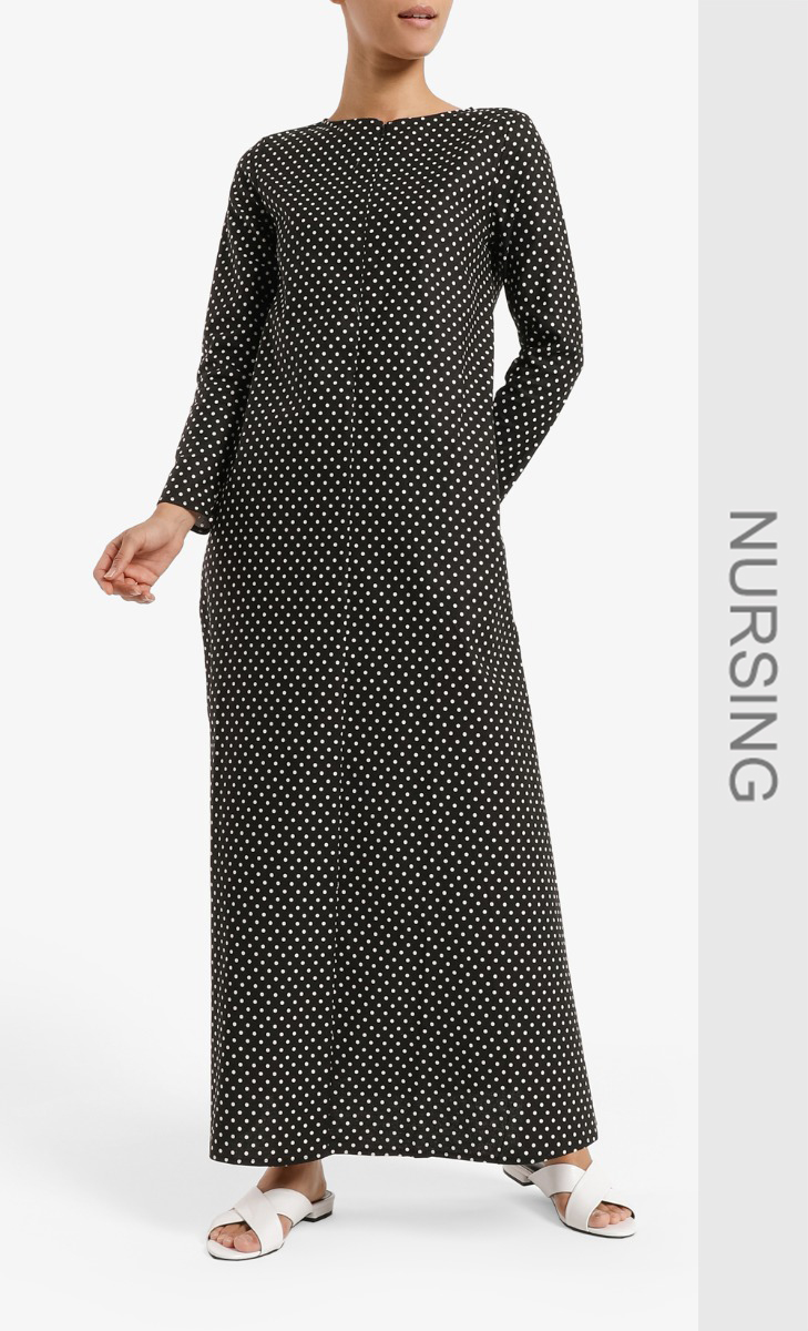 Jaleesa Zip-Front Maxi Dress in Black Polka