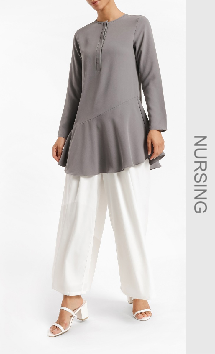 Netta Henley Long Blouse in Frost Gray
