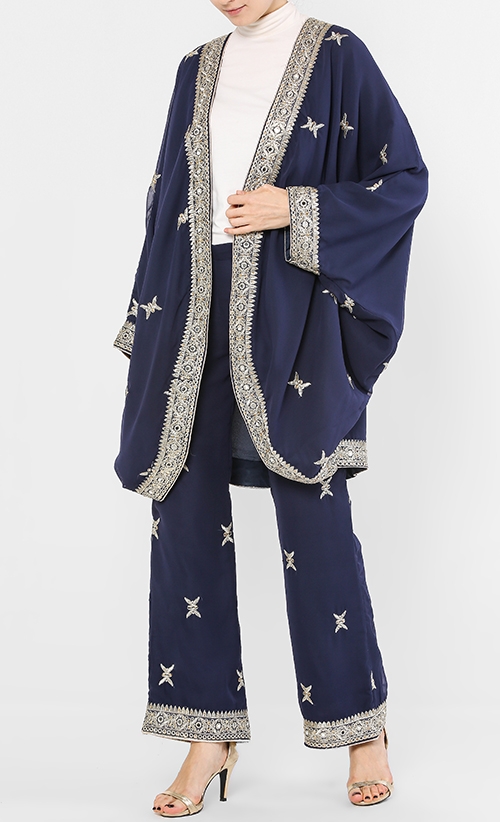 Zeenta Cardigan Set in Navy Blue