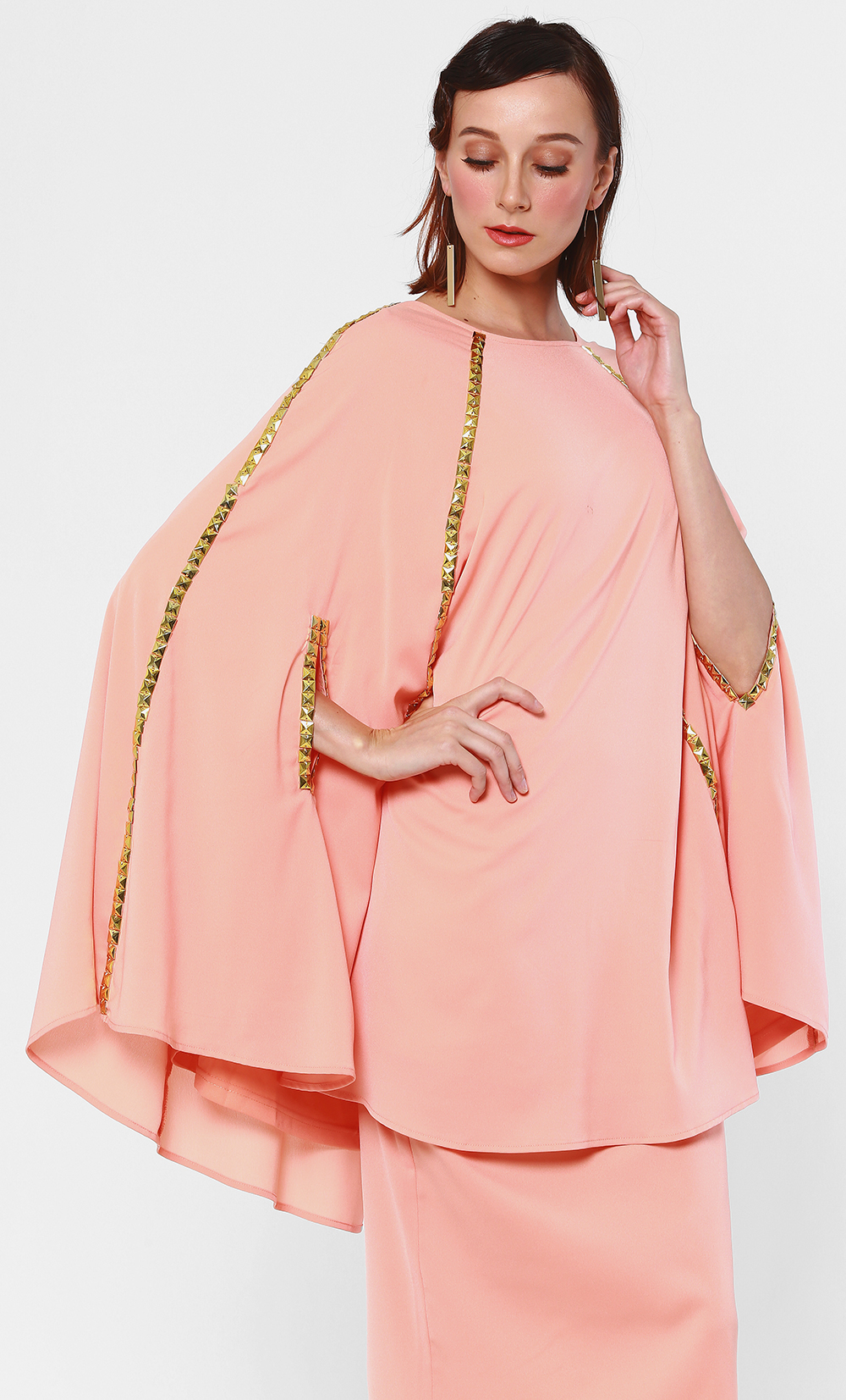 The Heather Embellished Cape Tunic Kurung Modern Set in Coral image 2