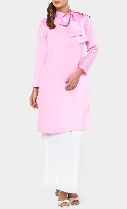 Teratai Kurung Modern with Bow Set in Pink and White image 2