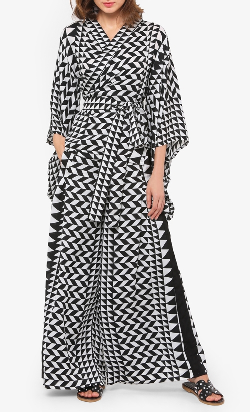 Yves Printed Geometric Long Pants with Sash in Black and White