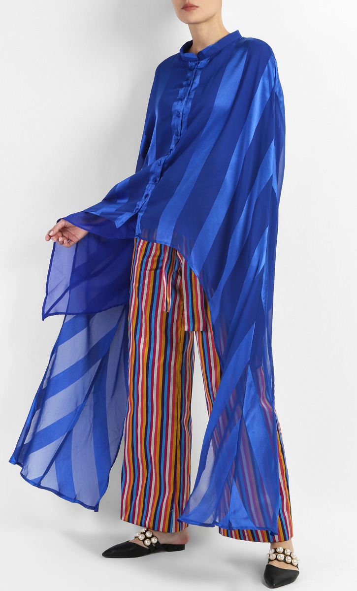 Carlaa Silk Shantung Stripe Long Pants with Sash in Multi