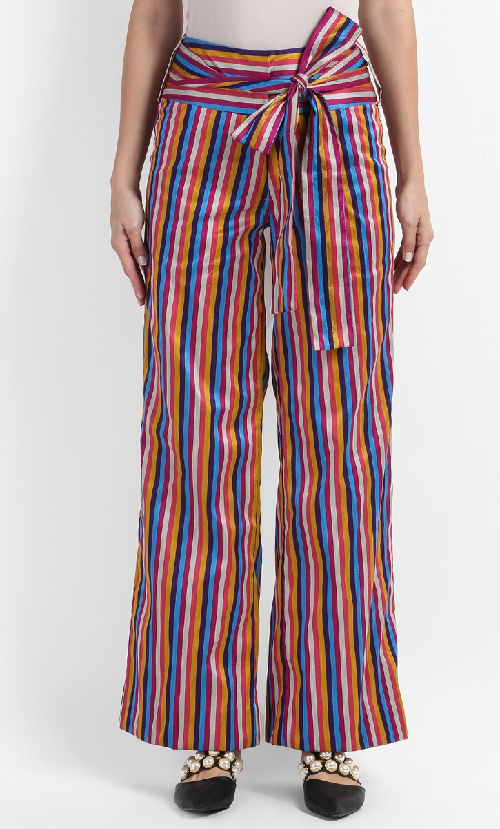 Carlaa Silk Shantung Stripe Long Pants with Sash in Multi image 2