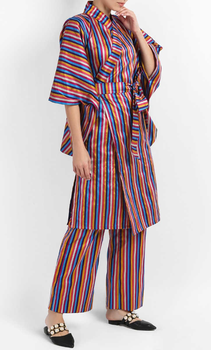 Caylee Stripe Kimono Midi Wrap Dress in Multi