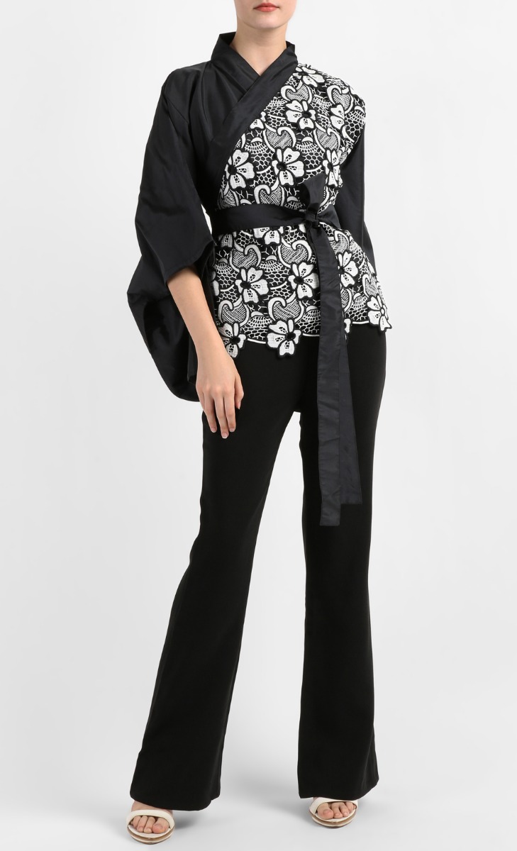 Faye Tafetta Kimono Tunic Top with Lace Panel Front in Black