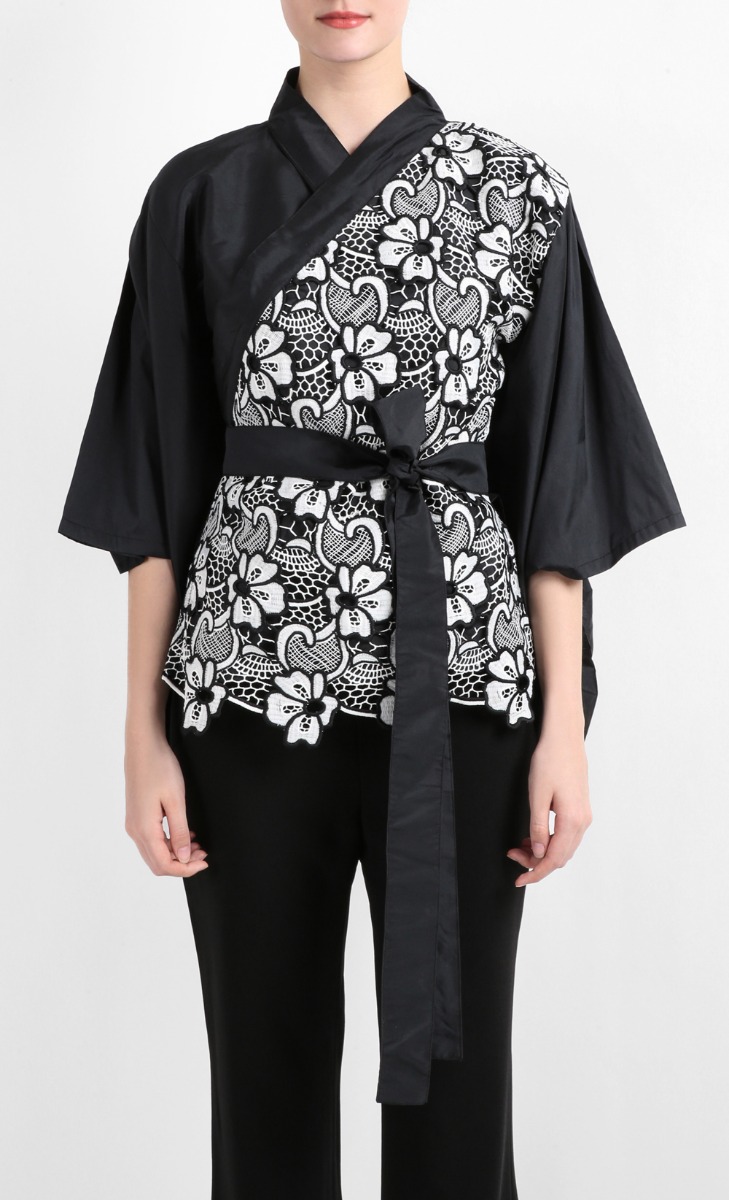 Faye Tafetta Kimono Tunic Top with Lace Panel Front in Black image 2