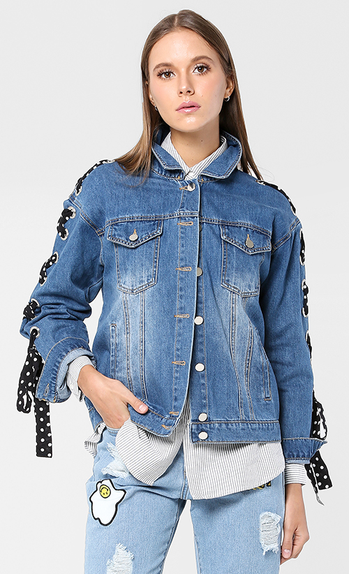 Giana Lace Up Denim Jacket in Blue | FashionValet