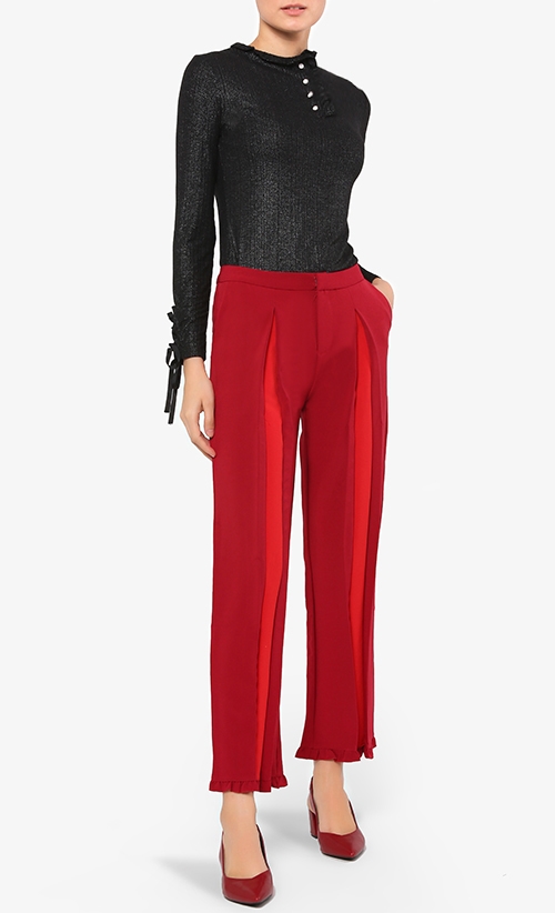 Tavi Ruffled-Hem Trousers in Red