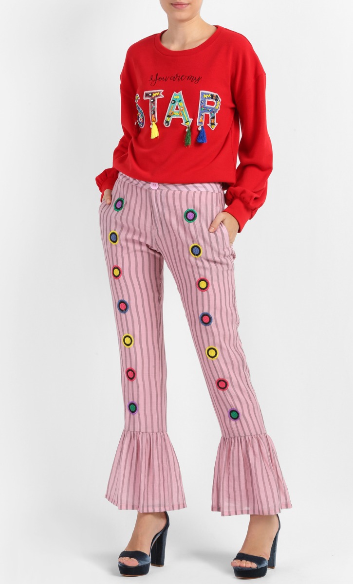 Sara Embroidered Ruffle Pants in Pink