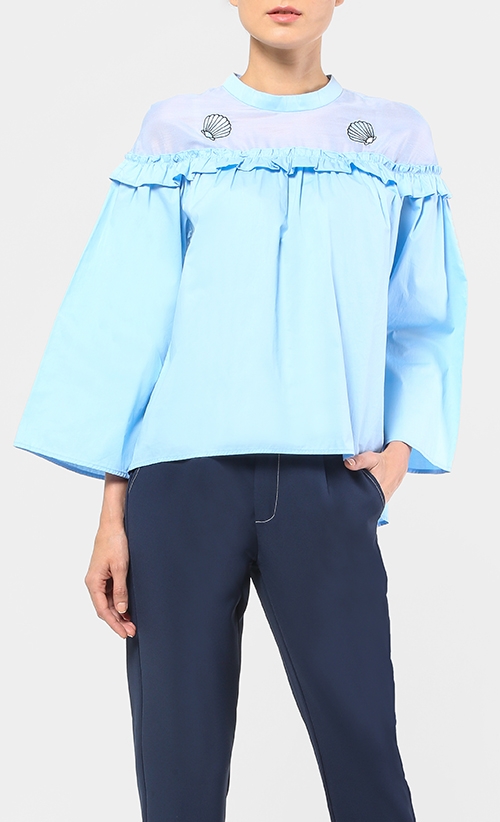 Shell Sheer Frilly Blouse in Light Blue