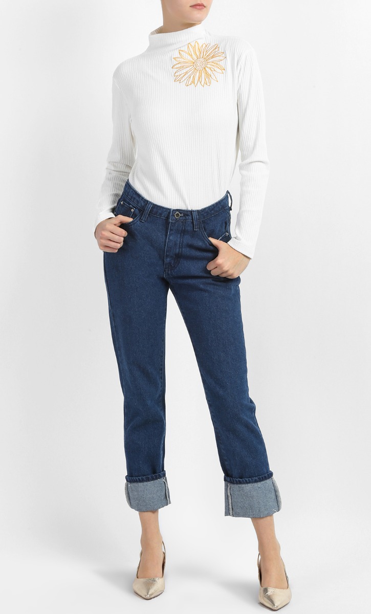 Janelle Embroidered Denim Jeans in Dark Blue