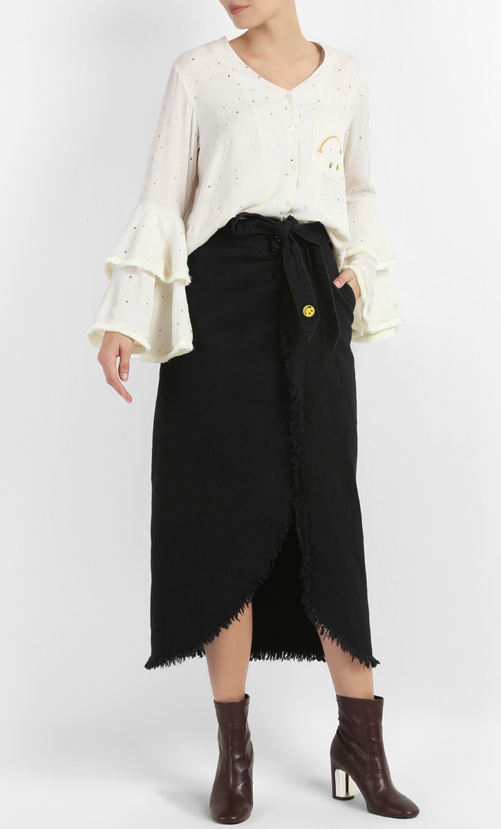 Beau Wrap Front Denim Skirt in Black