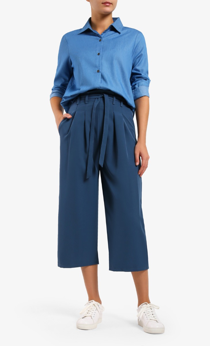 Irma High Rise Wide Leg Pants With Belt in Blue