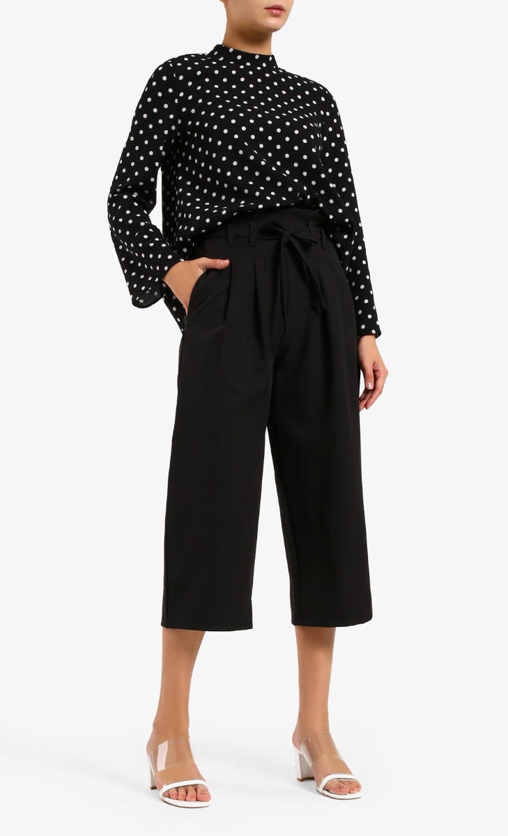 Irma High Rise Wide Leg Pants With Belt in Black