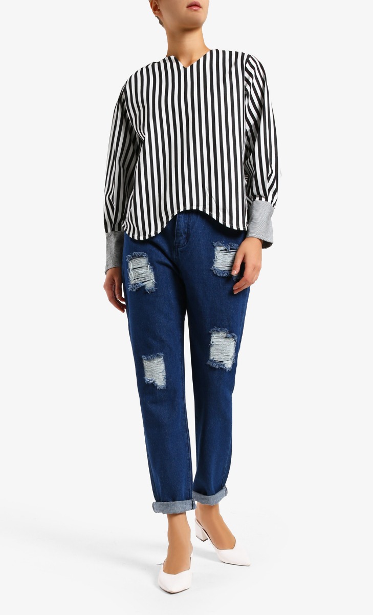 Yuri Denim Stripe Top	in Black