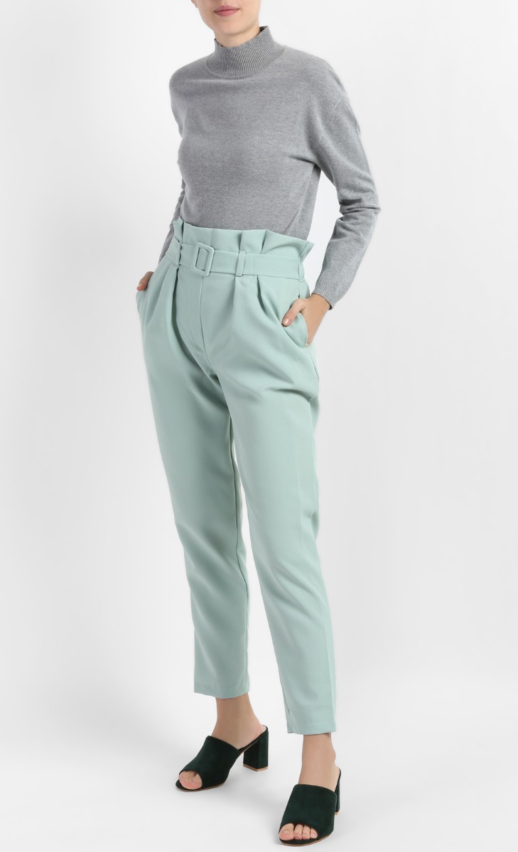 Olisa Slim Fit Long Pants with Belt in Green