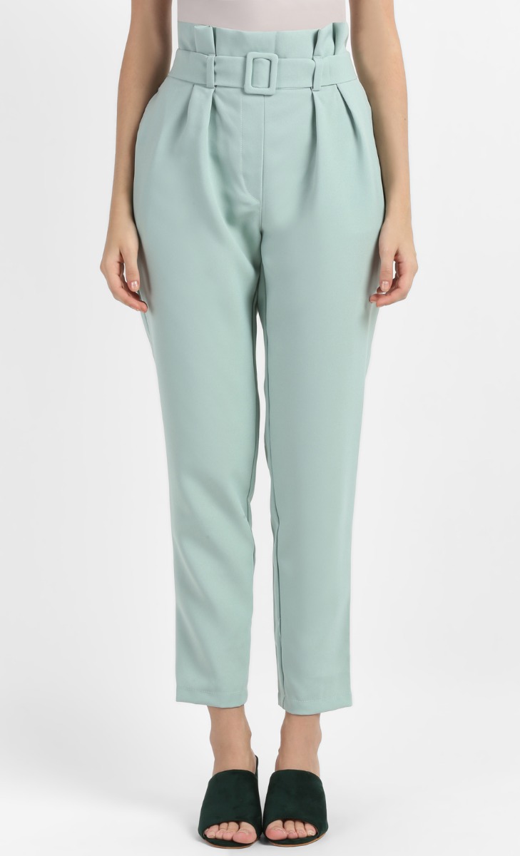 Olisa Slim Fit Long Pants with Belt in Green image 2