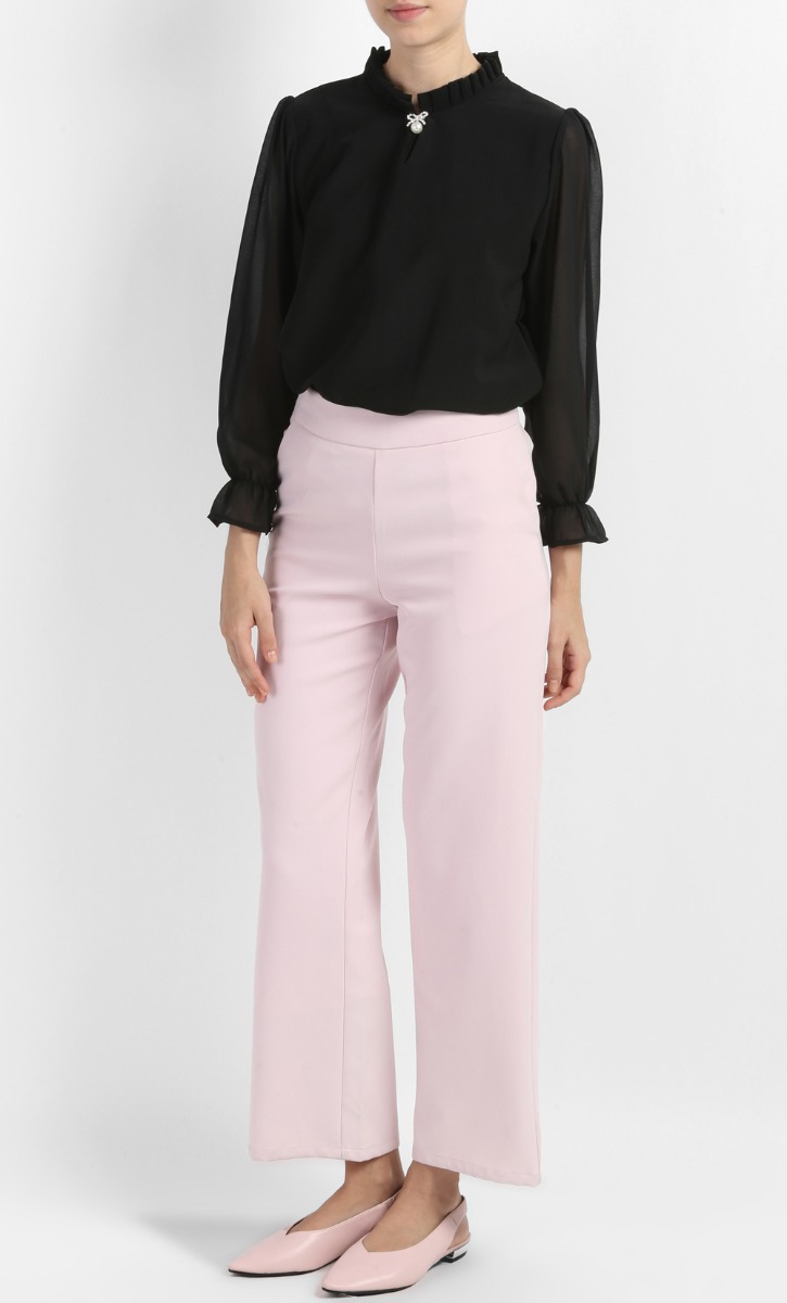 Flamingo Long Sleeve Top With Ribbon Pendant in Black