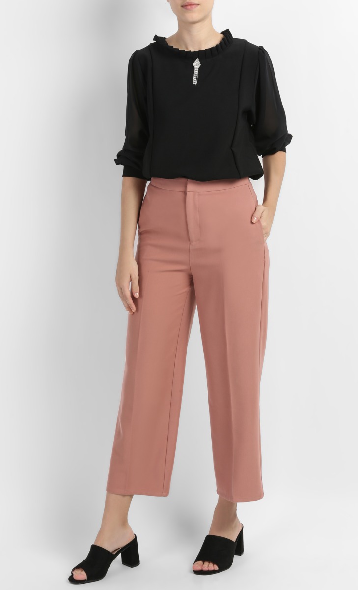 Hailey Long Sleeve Top With Diamond Pendant in Black